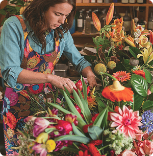 Florist creating flower arrangement